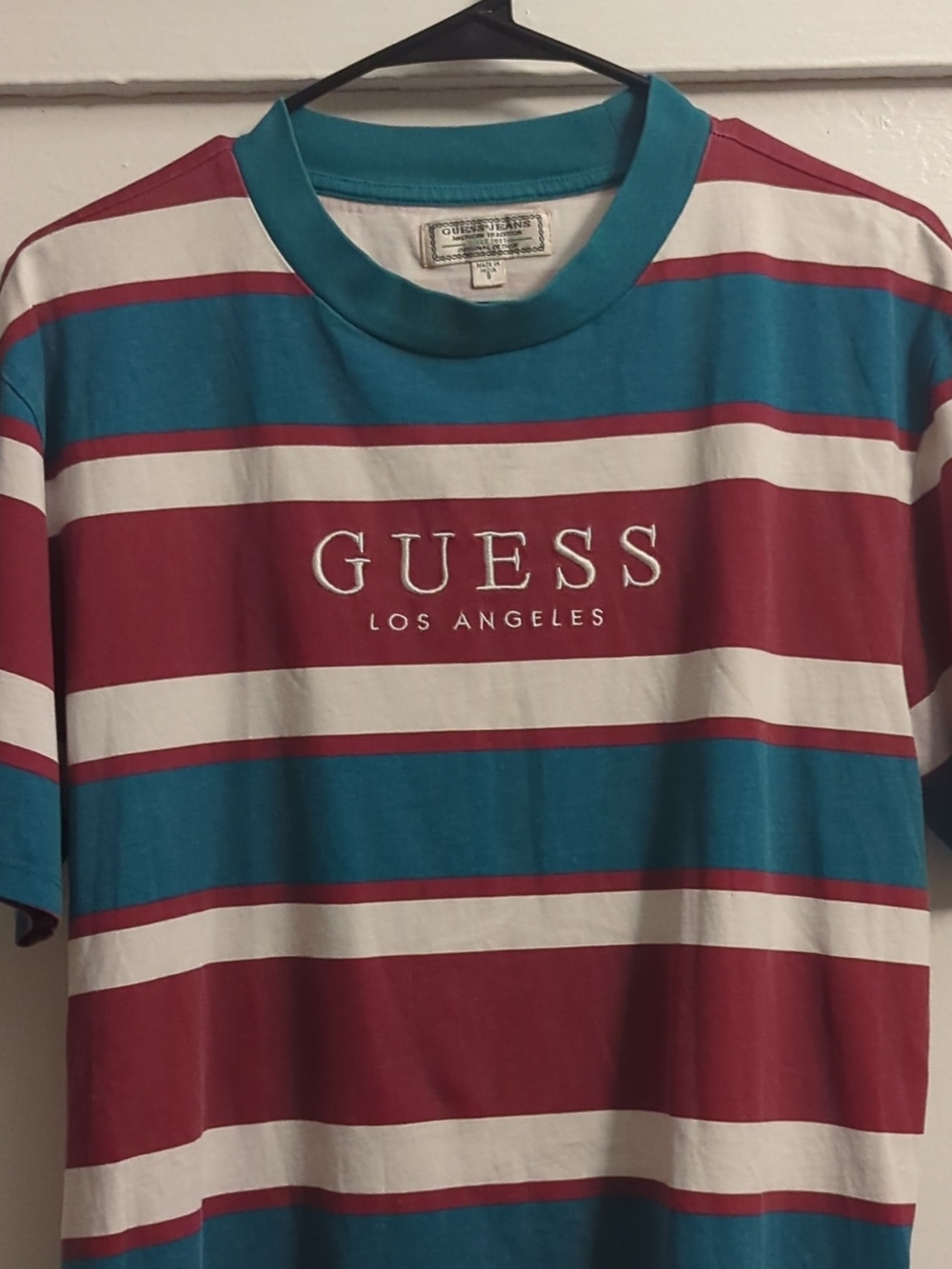 Guess Striped Crewneck Tee in Teal, Maroon & White